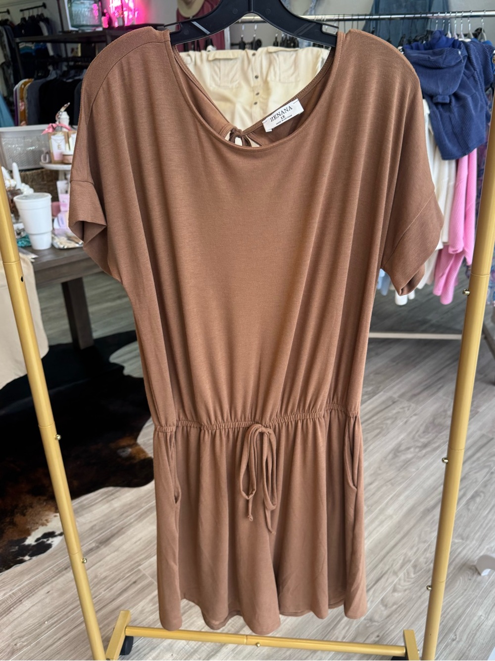 Zenana Outfitters Brown Drawstring Waist Short Romper